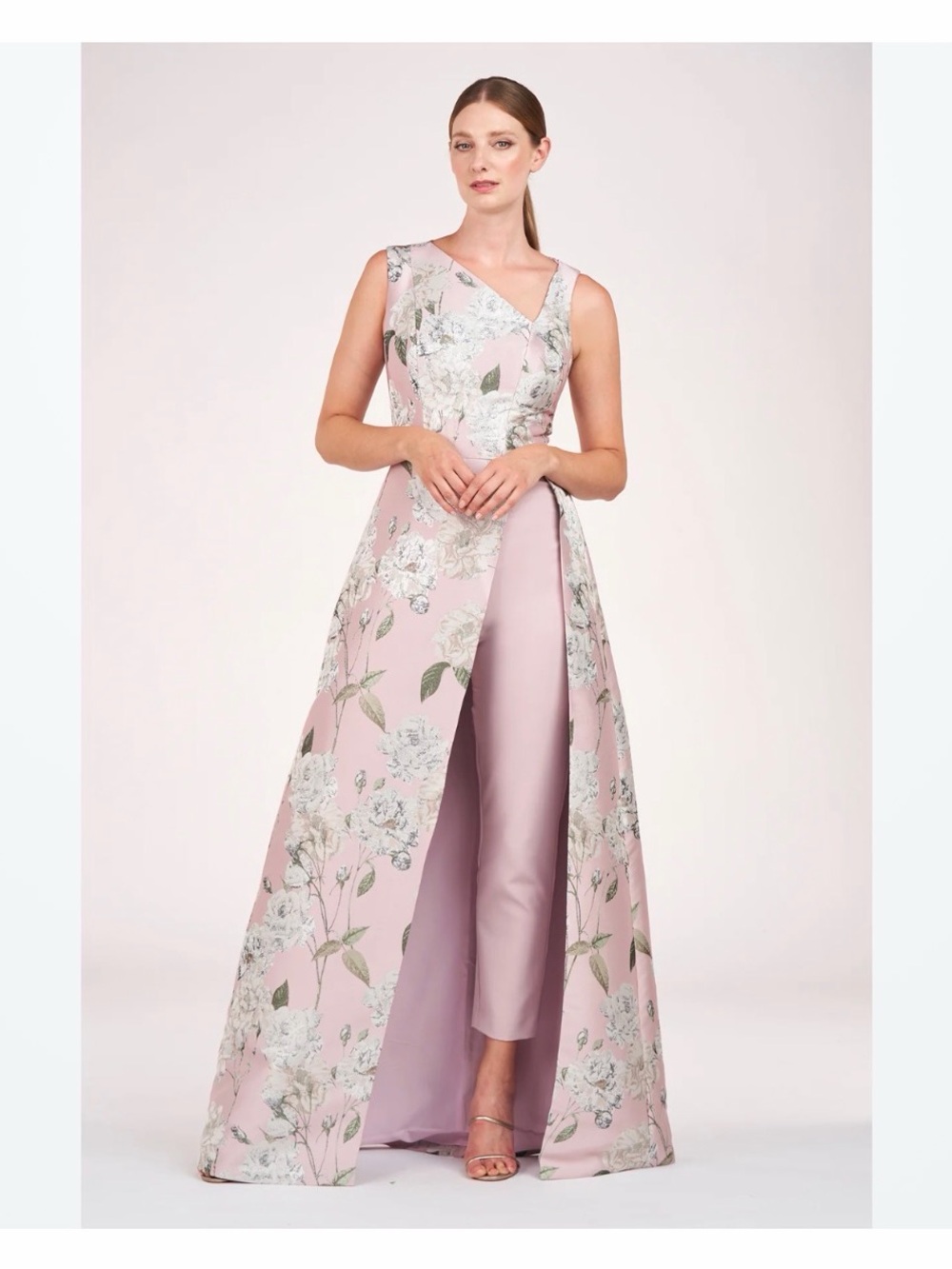 Kay Unger Pink Floral High-Low Overlay Jumpsuit Dress